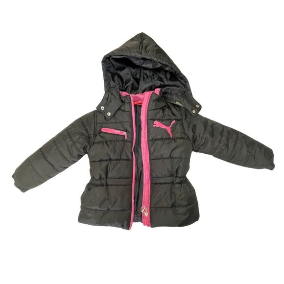 Puma Girls Puffer Hooded Jacket Size 4 Pockets Zip-Up Black & Pink - Picture 2 of 8